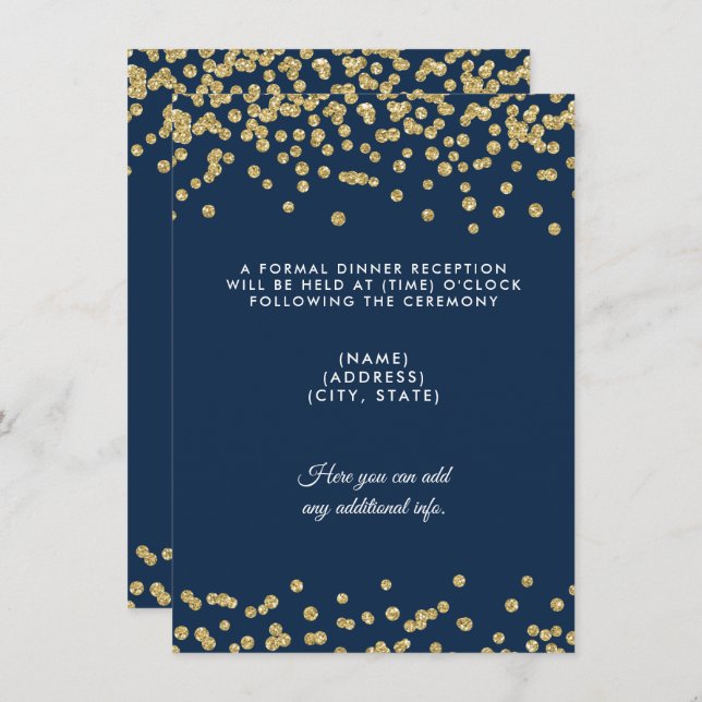 Invitación Recepción de Boda Glitter Falso Dorado Confeti Azu (Anverso / Reverso)