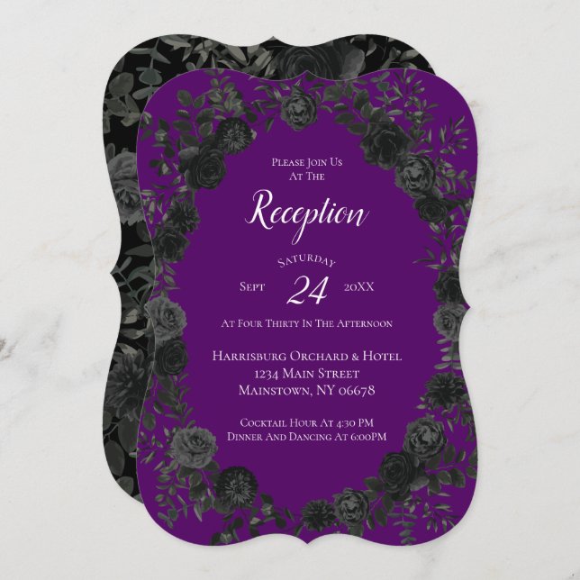Invitación Recepción de Boda Gótica con Rosas Purpúreas y Neg (Anverso / Reverso)