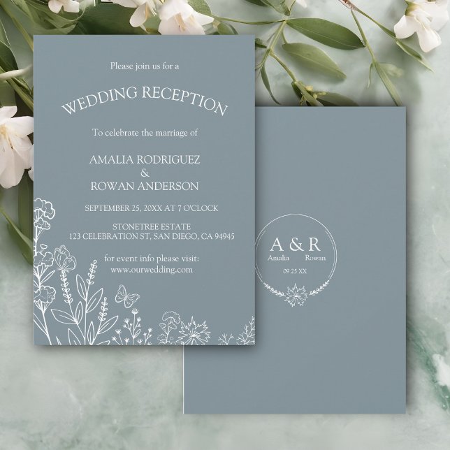Invitación Recepción de Boda Gris Azul con flores de pradera (Subido por el creador)