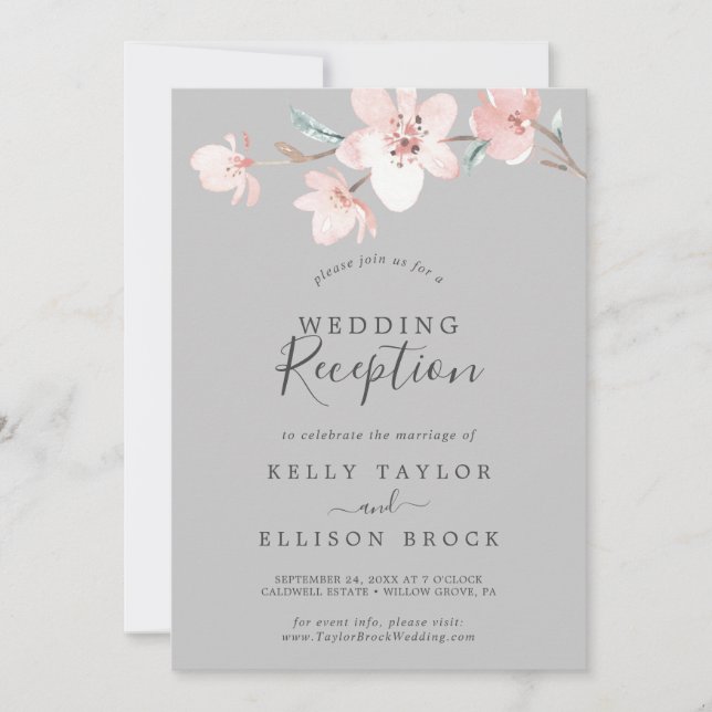 Invitación Recepción de boda gris de flor de cerezo de primav (Anverso)