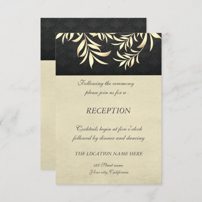 Invitación Recepción de Boda Hojas de Oro Falso Elegante Vint (Anverso / Reverso)