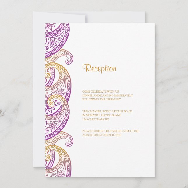 Invitación Recepción de boda india paisley morada y dorada (Anverso)