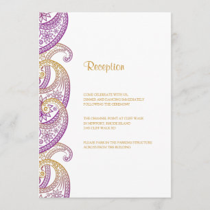 Invitación Recepción de boda india paisley morada y dorada