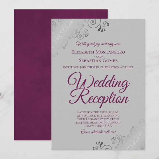 Invitación Recepción de Boda Magenta sobre Frunces de Plata G (Anverso / Reverso)