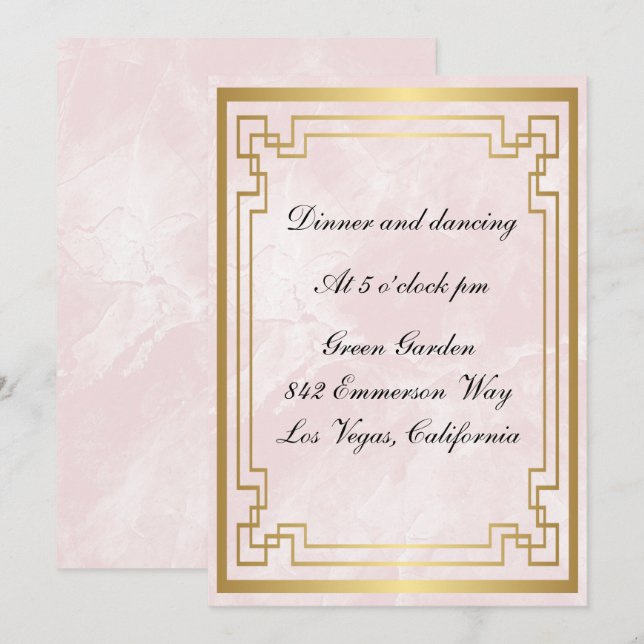 Invitación Recepción de Boda Mármol Rosa Marco Geométrico Dor (Anverso / Reverso)