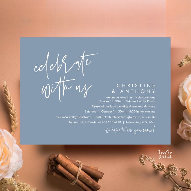 Invitación Recepción de Boda Minimalista Moderna (Modern Minimalist Wedding Reception Dinner Invitation Card, Celebrate with us, in Dusty Blue)