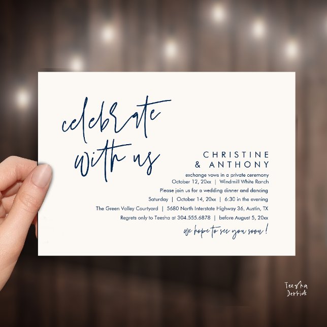 Invitación Recepción de Boda Minimalista Moderna (Modern Minimalist Wedding Reception Dinner Invitation Card, Celebrate with us, in Navy Blue Ivory)