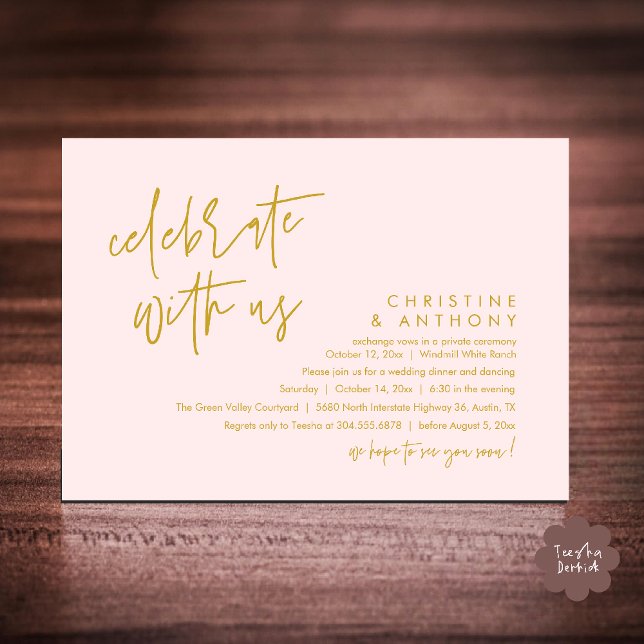 Invitación Recepción de Boda Minimalista Moderna (Modern Minimalist Wedding Reception Dinner Invitation Card, Celebrate with us, in Yellow Gold Blush)