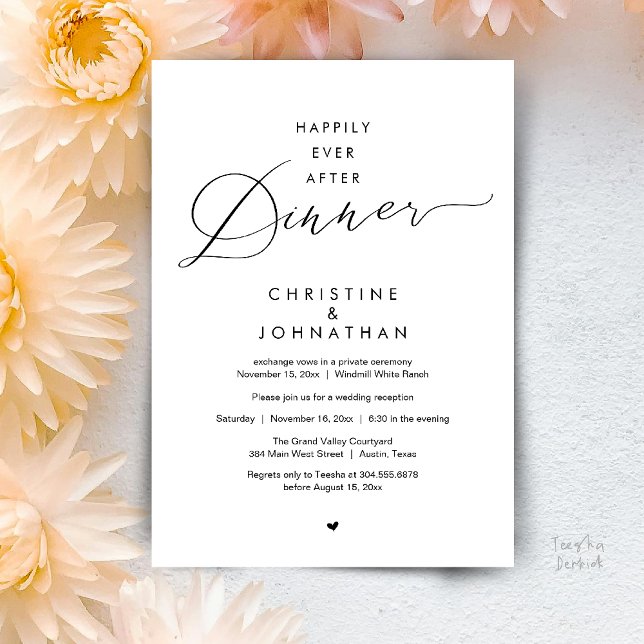 Invitación Recepción de Boda Moderna Cena Felices para Siempr (Happily Ever After Dinner Modern Wedding Reception Invitation Card Elopement PDF Black and White)