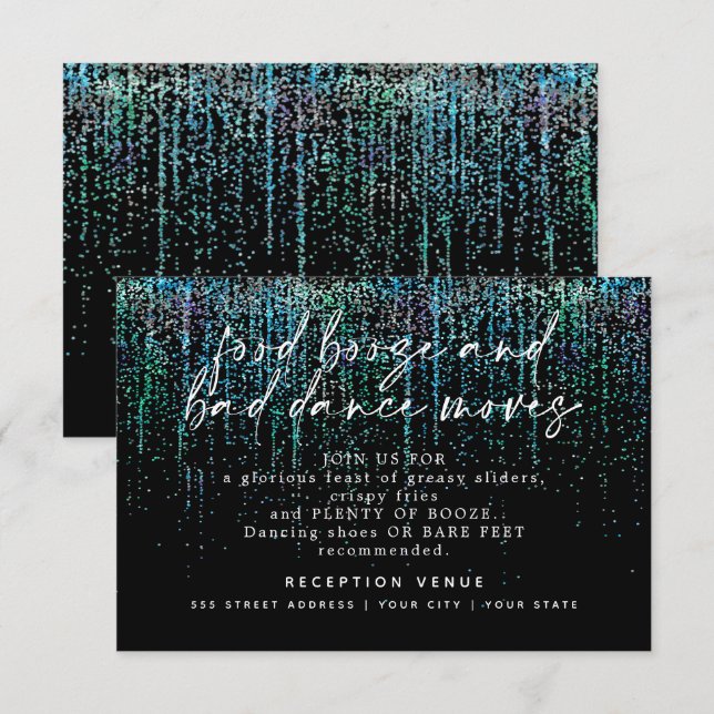 Invitación Recepción de Boda Moderna con Brillo Teal Acuático (Anverso / Reverso)