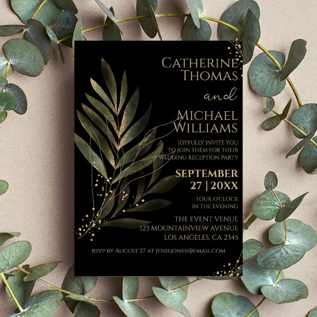 Invitación Recepción de boda moderna con hoja de oro negro (Subido por el creador)