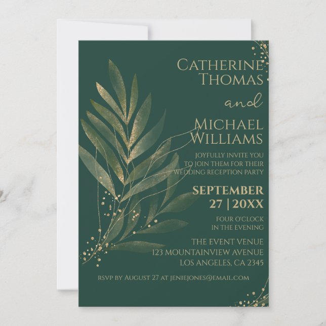 Invitación Recepción de Boda Moderna con Hojas de Oro Verde E (Anverso)