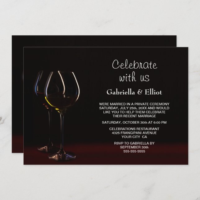 Invitación Recepción de Boda Moderna Copa de Vino Tinto Negro (Anverso / Reverso)