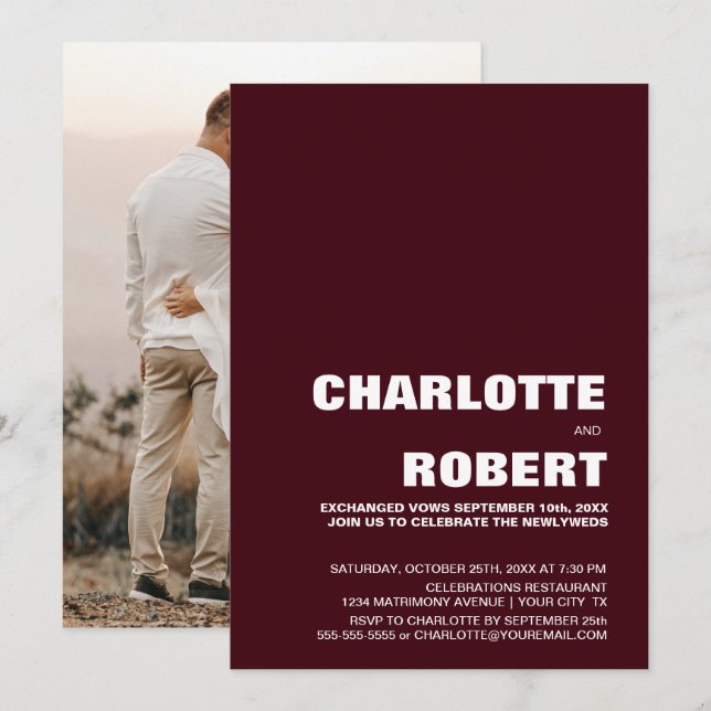 Invitación Recepción de Boda Moderna en Borgoña (Anverso / Reverso)