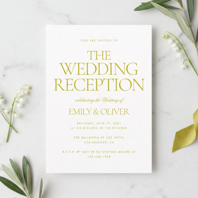 Invitación Recepción de boda moderna en verde chartreuse (Minimalist lime green stationery with bold serif typography shown in a clean lifestyle setting.)