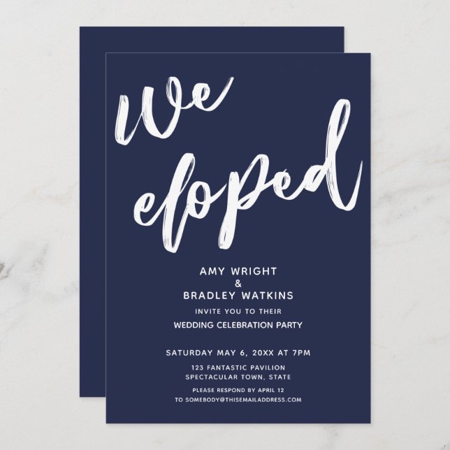 Invitación Recepción de Boda Moderna Navy Blue Nos Fugamos (Anverso / Reverso)