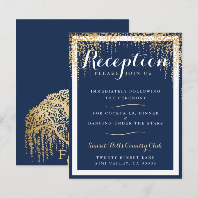 Invitación Recepción de Boda Moderna Willow Tree Azul Dorado (Anverso / Reverso)