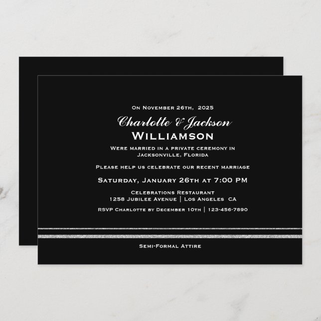 Invitación Recepción de Boda Moderna y Sencilla en Negro (Anverso / Reverso)
