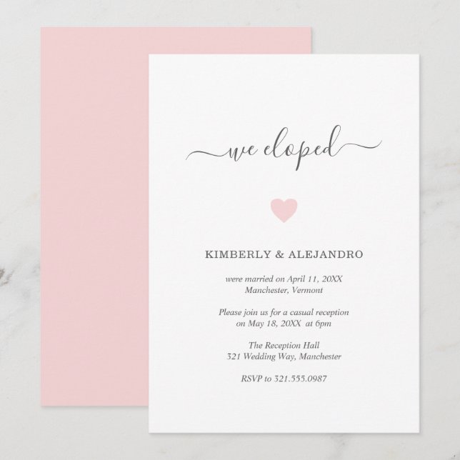 Invitación Recepción de boda moderna y simple con corazón ros (Anverso / Reverso)