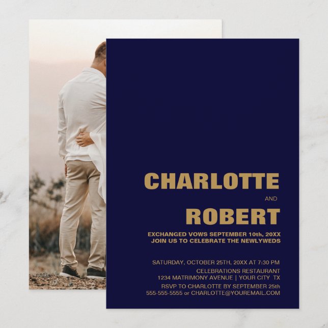 Invitación Recepción de Boda Moderno Azul Dorado (Anverso / Reverso)