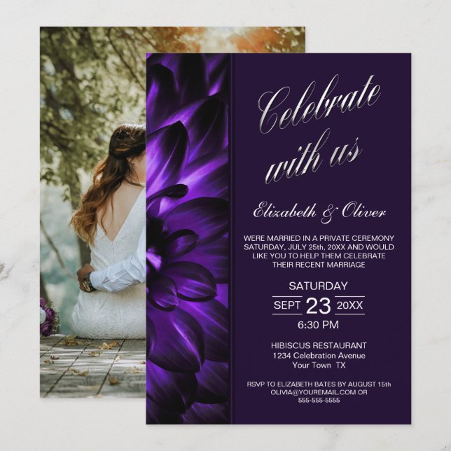 Invitación Recepción de Boda Morada Floral (Anverso / Reverso)
