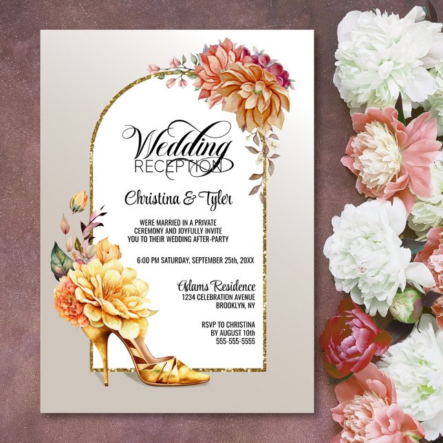 Invitación Recepción de boda naranja con arco floral de oro (Subido por el creador)