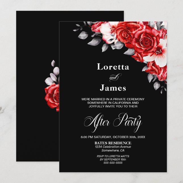 Invitación Recepción de boda negra con flores de rosa roja (Anverso / Reverso)