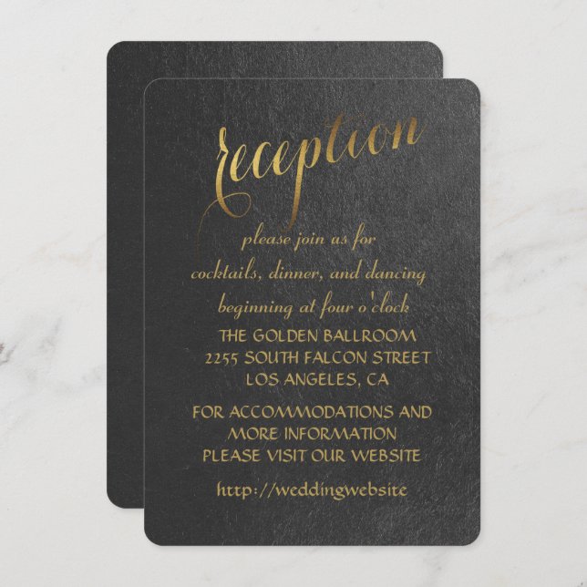 Invitación Recepción de Boda Negra con Hojas de Oro Encantado (Anverso / Reverso)