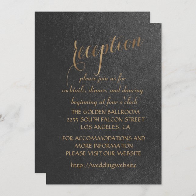 Invitación Recepción de Boda Negra con Hojas de Oro Encantado (Anverso / Reverso)