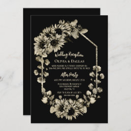 Invitación Recepción de boda negra floral de girasol