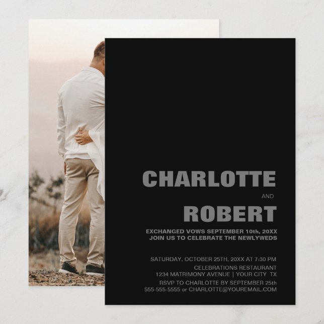 Invitación Recepción de Boda Negra Moderna (Anverso / Reverso)