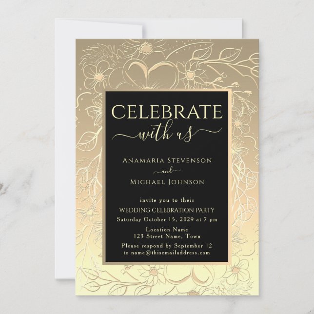Invitación Recepción de Boda Negra y Oro (Anverso)