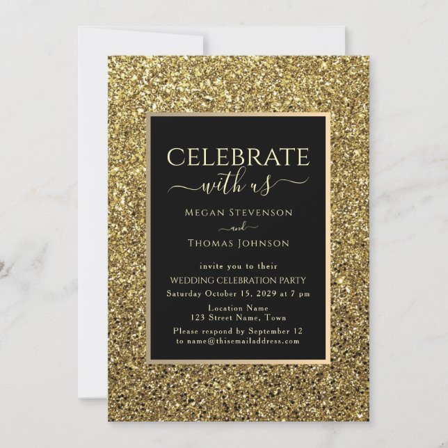 Invitación Recepción de Boda Negra y Oro (Anverso)