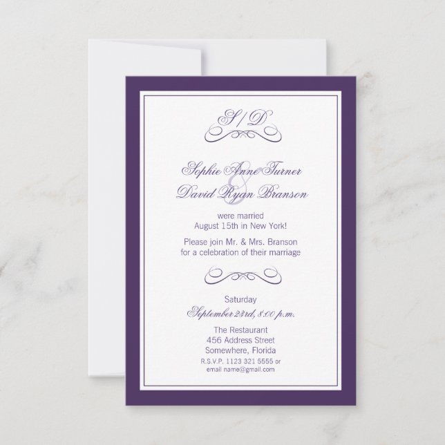 Invitación Recepción de Boda Nocturna con Borde Purpura y Bla (Anverso)