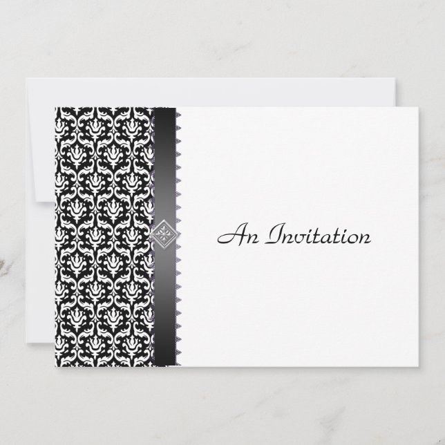 Invitación Recepción de boda nocturna Damasco blanco y negro (Anverso)