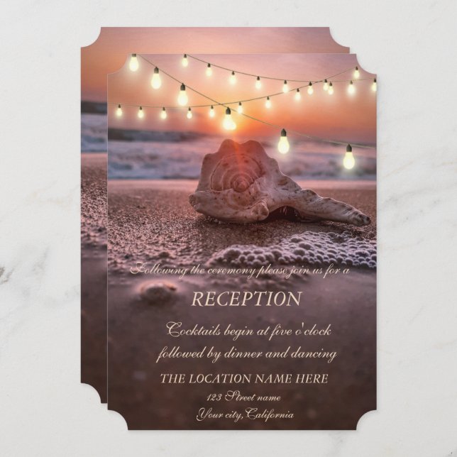 Invitación Recepción de boda Ocean Beach, Luces de conchas ma (Anverso / Reverso)