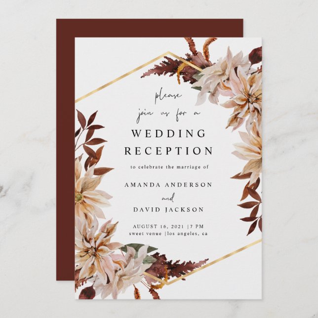Invitación Recepción de Boda Otoño Floral Borgoña Dorado (Anverso / Reverso)