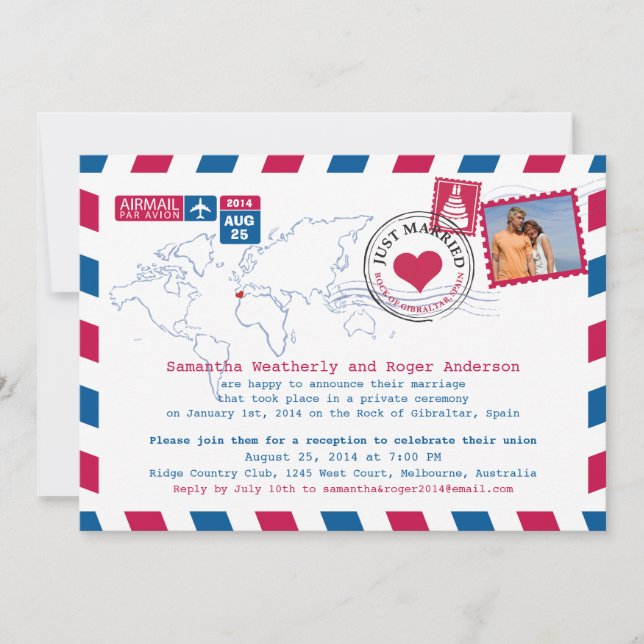 Invitación Recepción de boda por correo aéreo de España (Anverso)