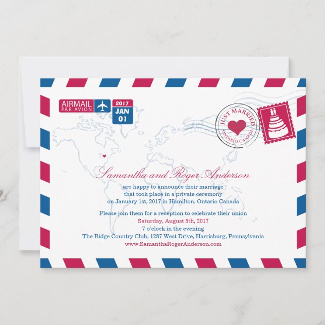 Invitación Recepción de boda por correo aéreo de Ontario Cana (Anverso)