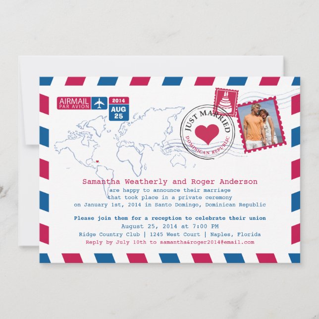 Invitación Recepción de boda por correo aéreo de República Do (Anverso)