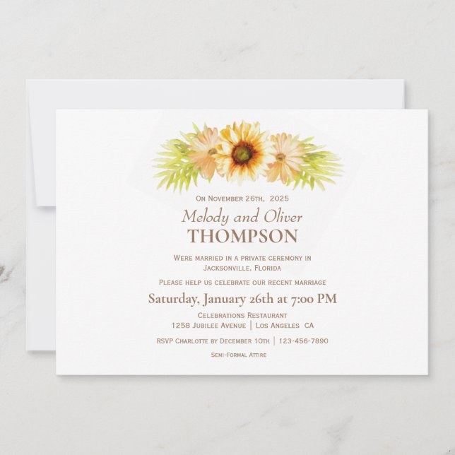 Invitación Recepción de boda posterior girasol rústico (Anverso)