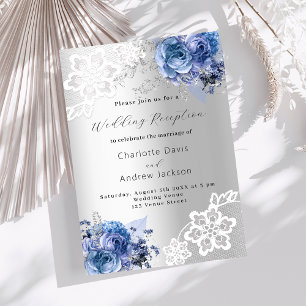 Invitación Recepción de boda premium de flor azul plateado en