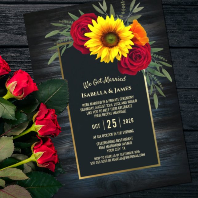 Invitación Recepción de Boda Rosa Girasol Madera Azul Rústica (Subido por el creador)