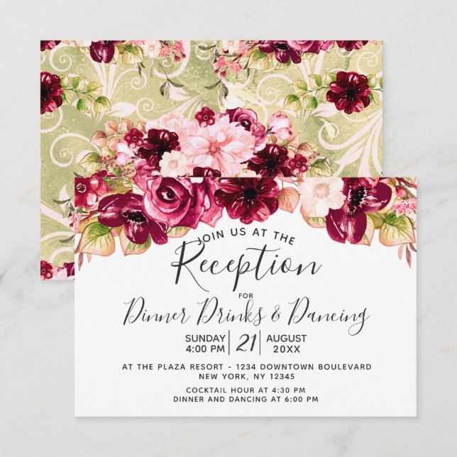 Invitación Recepción de Boda Rosa Rubor Borgoña Floral (Anverso / Reverso)