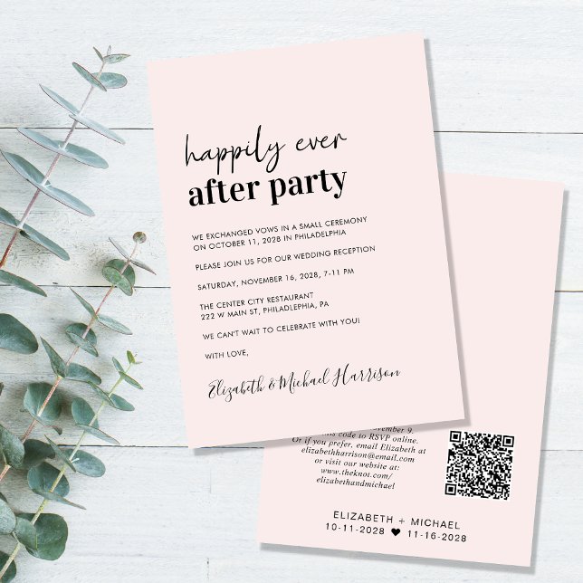 Invitación Recepción de boda rosada con código QR moderno mín (Subido por el creador)