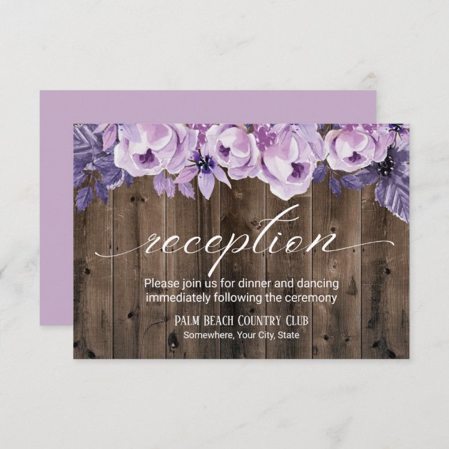 Invitación Recepción de Boda Rústica con Flores Moradas en el (Anverso / Reverso)