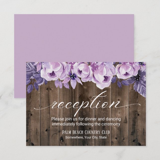 Invitación Recepción de Boda Rústica con Flores Moradas en un (Anverso / Reverso)