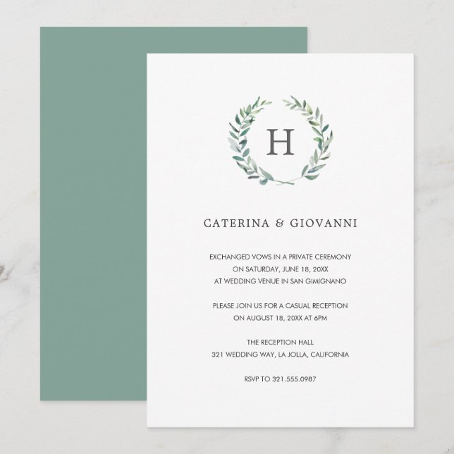 Invitación Recepción de Boda Rústica con Monograma Sage (Anverso / Reverso)