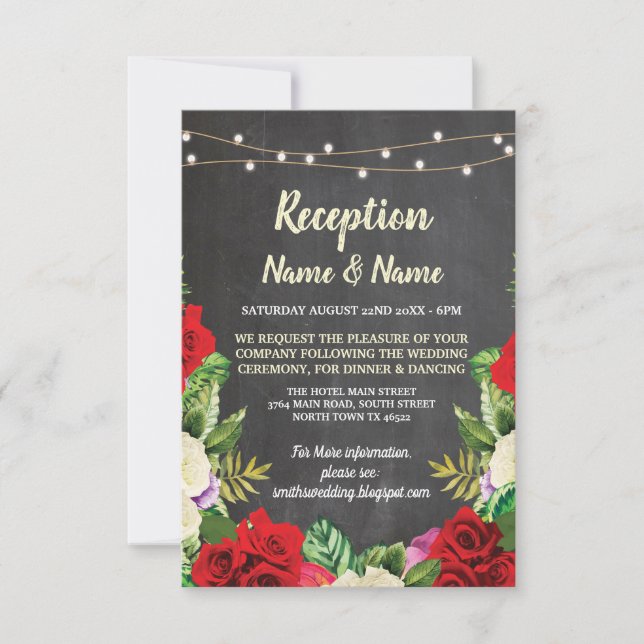 Invitación Recepción de Boda Rústica con Tiza Floral Rosas Ro (Anverso)