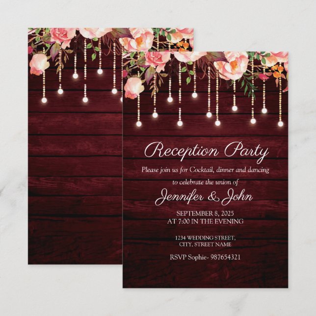 Invitación Recepción de Boda Rústica de Madera Granate Floral (Anverso / Reverso)